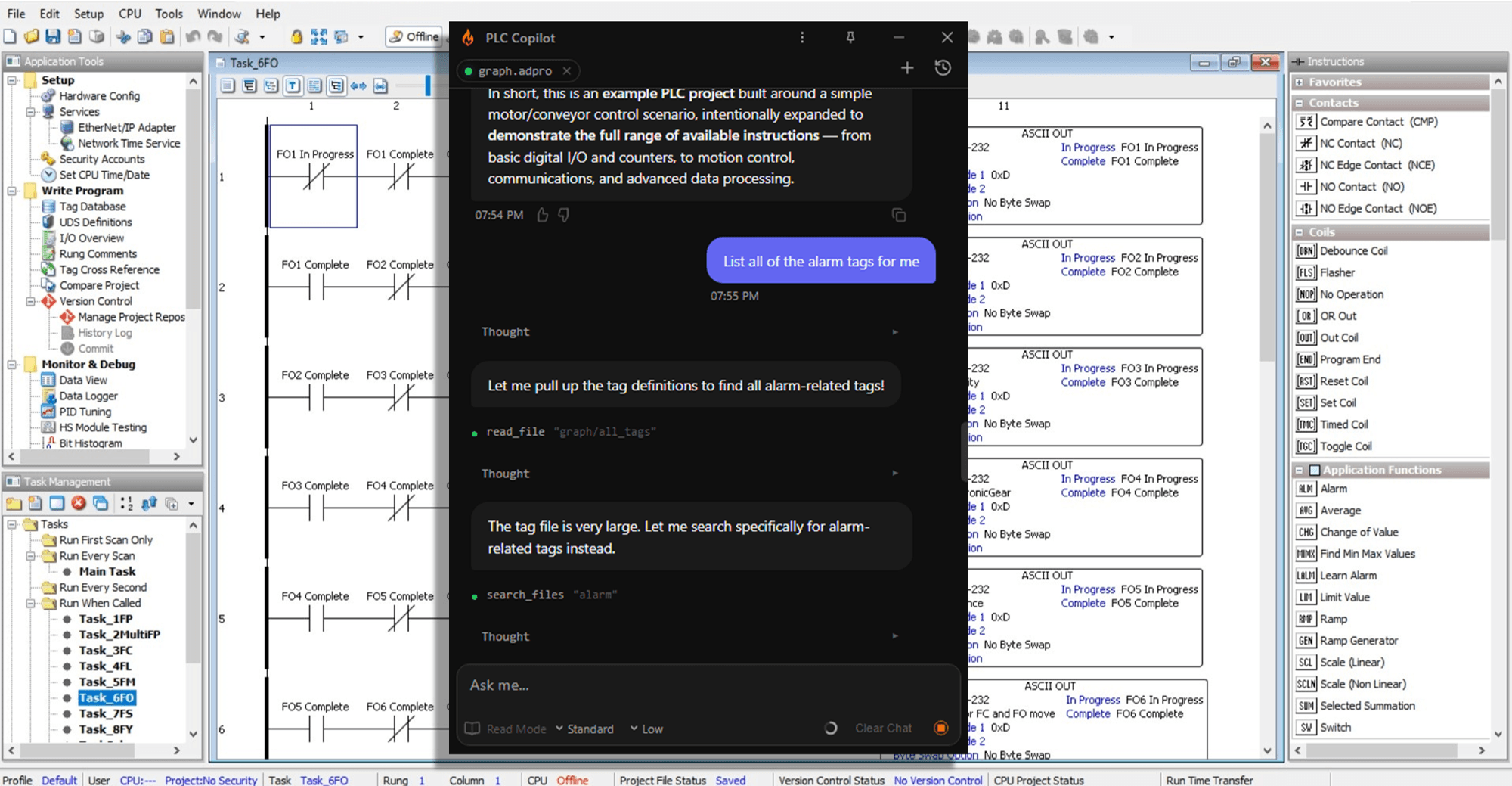 PLC Copilot in read mode over a Productivity Suite ladder task, answering a question about alarm tags in graph.adpro