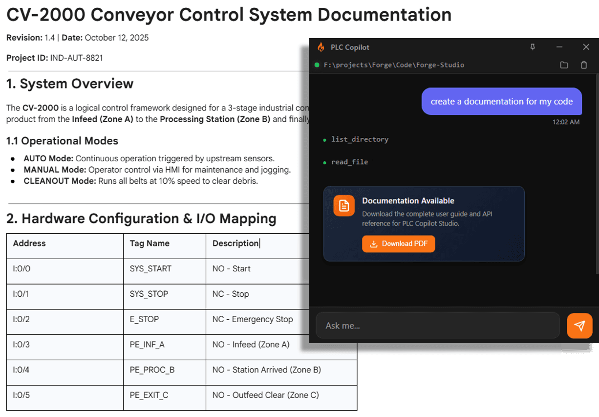 PLC Copilot generating structured documentation from a PLC program