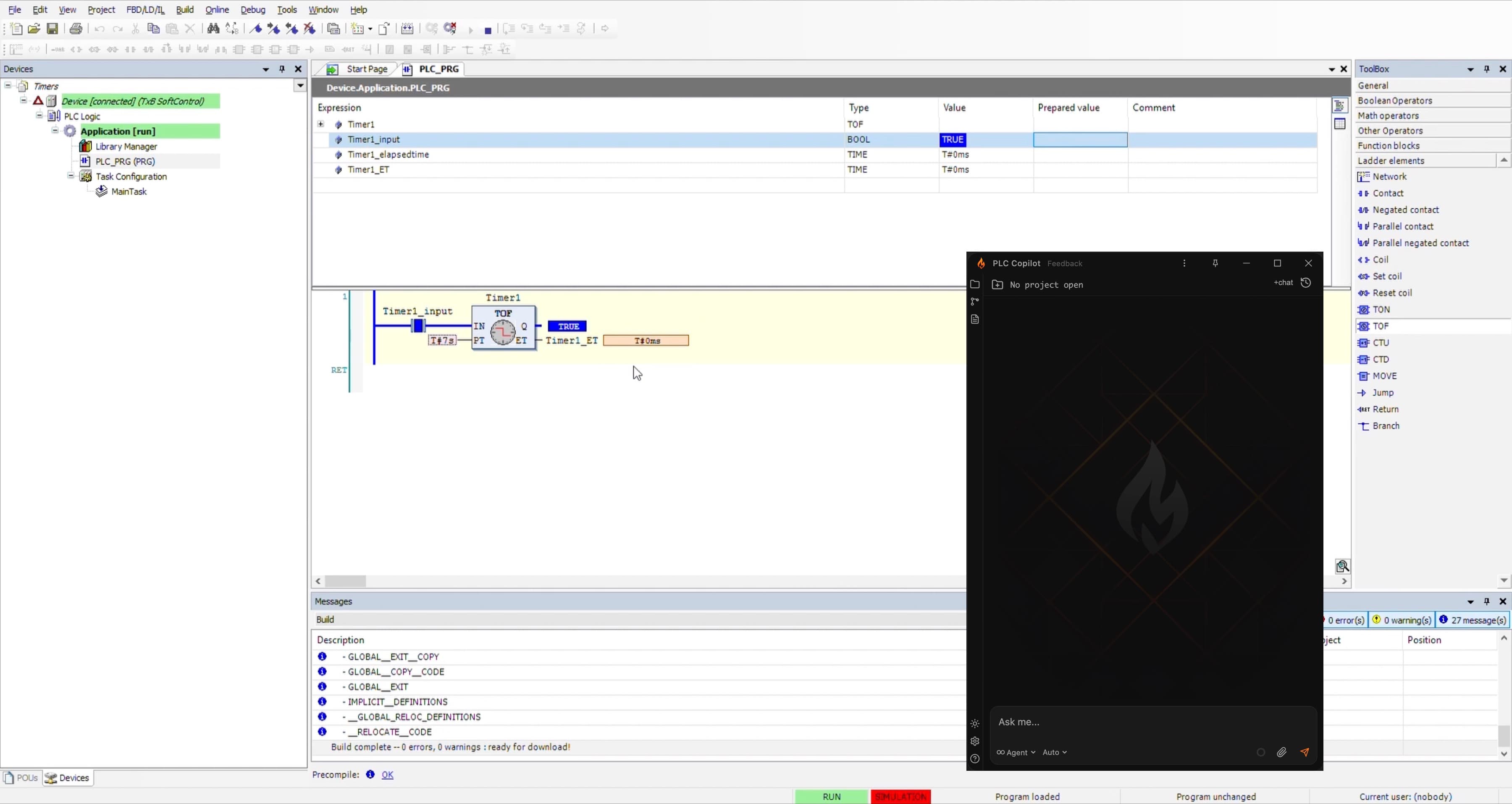 PLC Copilot beside a CODESYS V3 project, explaining Structured Text in a function block