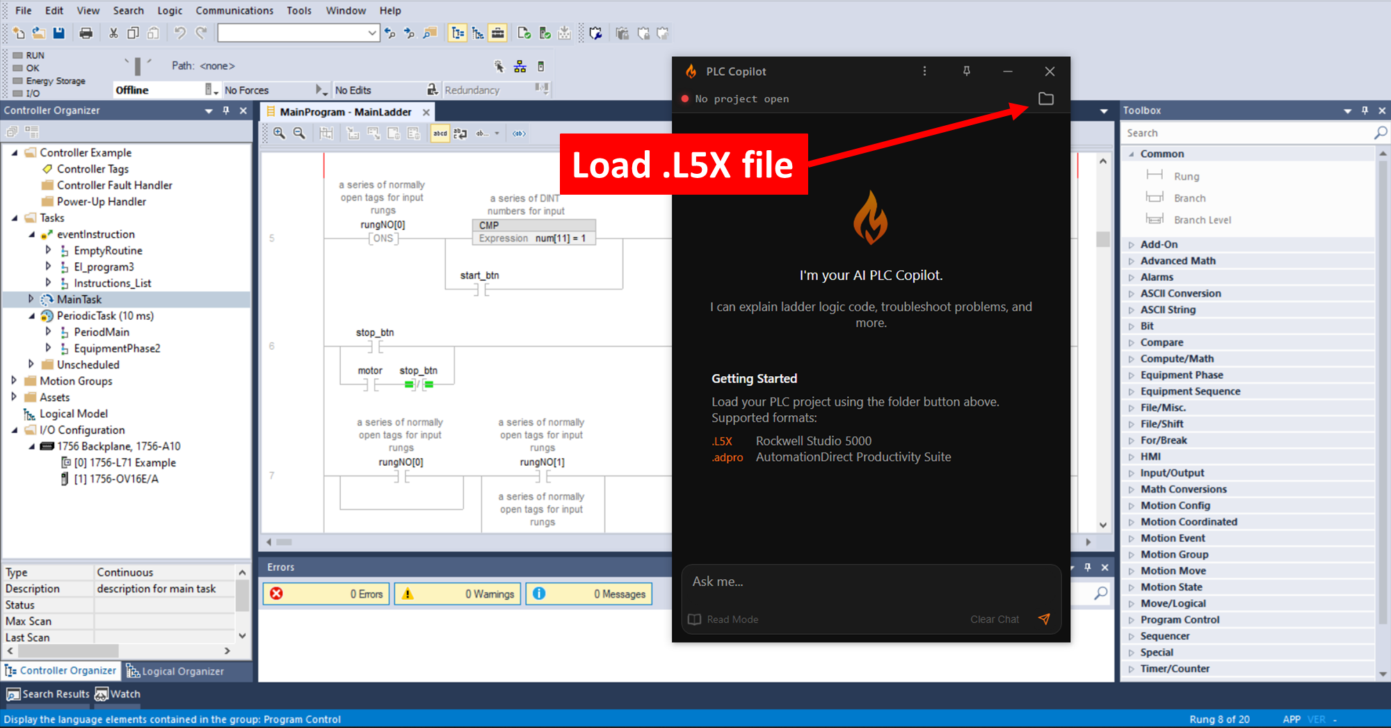 Loading L5X onto PLC Copilot